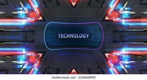 Abstract technological background with neon bright blue glow and red flashes. Vector dark gray and purple background with laser beams. Technology