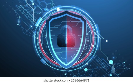 Abstract technological background on the topic of information protection. Various technological elements with padlocks inside which is a digital code.