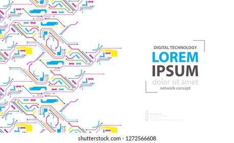 Abstract technological background with various elements. CMYK concept. Vector