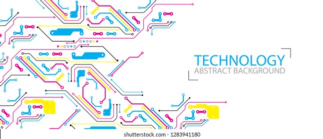 Abstract technological background with various elements. CMYK concept. Vector
