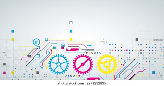 Resumen del fondo tecnológico con varios elementos. Concepto CMYK. Vector