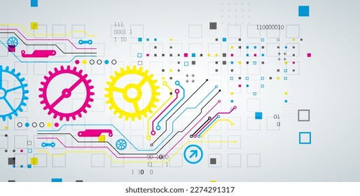 Abstract technological background with various elements. CMYK concept. Vector