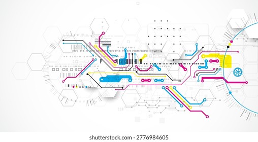 Abstract technological background with various elements. CMYK concept. Vector