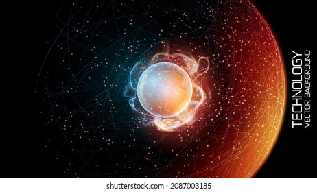 Abstract technological background. Vector image. Glowing bright plasma ball inside a transparent sphere. Plexus effect. Modern technology, energy and movement.
