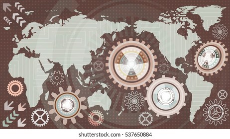 Abstract technological background with world map and machine gear mechanisms of light brown and white shades. Digital technology and business concept design