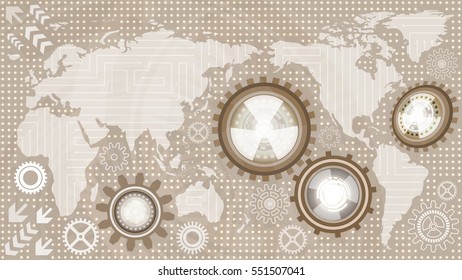 Abstract technological background with world map and machine gear mechanisms of brown, gray and white shades. Digital technology and business concept design