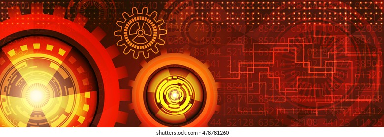 Abstract technological banner with various elements of red, yellow and orange shades. Digital technology and engineering concept design