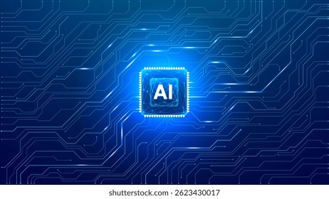 Abstract technological blue background with AI chip or semiconductor in the center of a circuit board. Artificial intelligence innovation concept. Futuristic tech bg. Digital vector illustration.