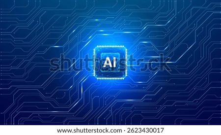Abstract technological blue background with AI chip or semiconductor in the center of a circuit board. Artificial intelligence innovation concept. Futuristic tech bg. Digital vector illustration.
