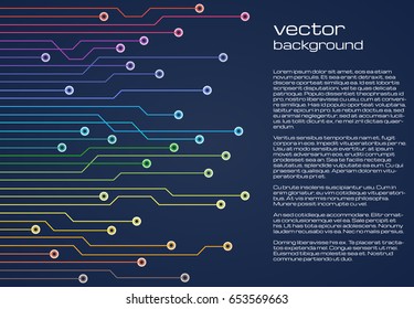 Abstract technological blue background with colorful elements of the microchip. Circuit board background texture. Vector illustration.
