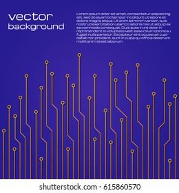 Abstract technological blue background with yellow elements of the microchip. Circuit board background texture. Vector illustration.
