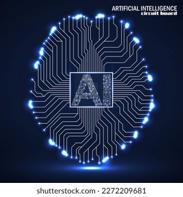 Abstract technological brain with Artificial Intelligence. Neon circuit board brain. Vector