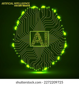 Abstract technological brain with Artificial Intelligence. Neon circuit board brain. Vector