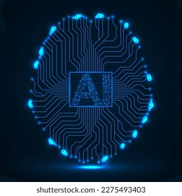 Abstract technological brain with Artificial Intelligence. Neon circuit board brain. Vector