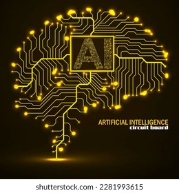 Abstract technological brain with Artificial Intelligence. Neon circuit board brain. Vector