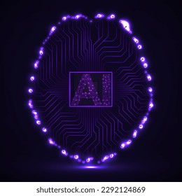 Abstract technological brain with Artificial Intelligence. Neon circuit board brain. Technology concept