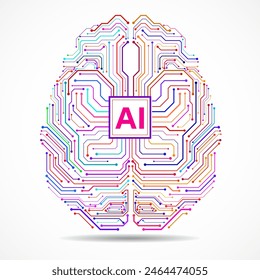 Abstract technological brain with Artificial Intelligence. Circuit board brain. Vector illustration