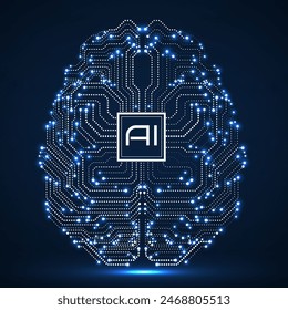 Abstract technological brain with Artificial Intelligence. Neon circuit board brain