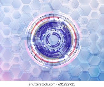 abstract technological circles and rings on a background of rounded hexagons on bright white background