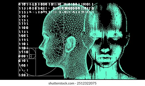 Abstract technological collage with pixel face, golden ratio and binary code. Illustration about IT of the future and face recognition.