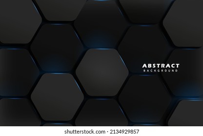 Abstract technological dark black hexagonal with blue neon light background vector