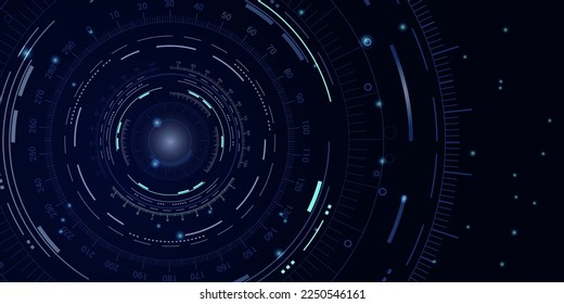 Abstrakter technologischer, dunkelblauer Hintergrund. Bild von Kreisen mit Zahlen, Skalen, Lichtflecken. digitales Interface, Portal, Teleport und Technologiekonzept