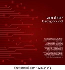 Abstract technological dark red background with elements of the microchip. Circuit board background texture. Vector illustration.
