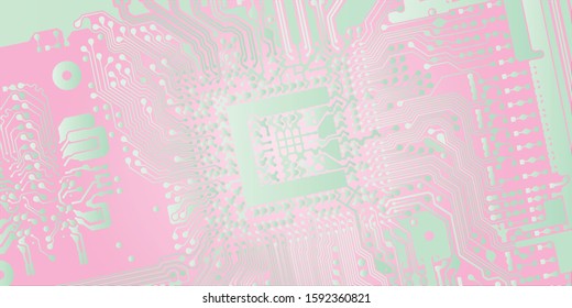 Abstract technological grey, pink and purple background with elements of the microchip. Circuit board background texture. Vector illustration.