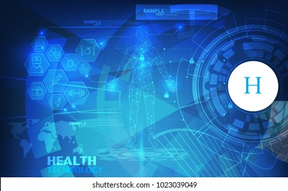 Abstract Technological Health Care; Science Blue Print; Scientific Interface; Futuristic Backdrop; Digital Blueprint Of Human; 3D Body Part Of Human,icons Health Vector Illustration.