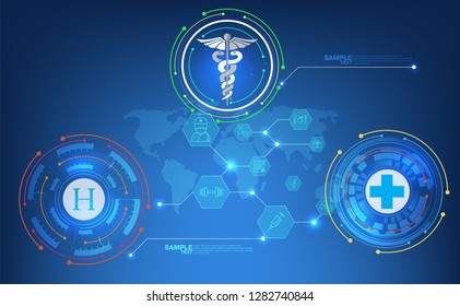 abstract technological health care; science blue print; scientific interface; futuristic backdrop; digital blueprint of human; 3D body part of human,icons health vector illustration.