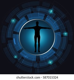 abstract technological health care; science blue print; scientific interface; futuristic backdrop; digital blueprint of human; 3D body part of human