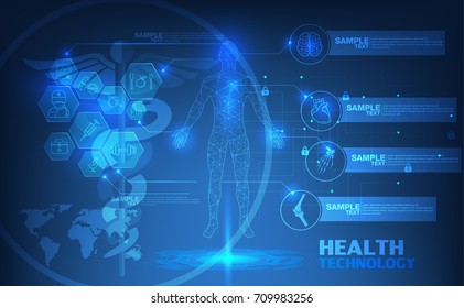 Abstract Technological Health Care; Science Blue Print; Scientific Interface; Futuristic Backdrop; Digital Blueprint Of Human; 3D Body Part Of Human,icons Health Vector Illustration.