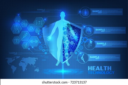 abstract technological health care; science blue print; scientific interface; futuristic backdrop; digital blueprint of human; 3D body part of human, icons health vector illustration.