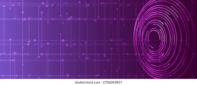 Uma ilustração tecnológica abstrata com círculos digitais concêntricos e uma grade de linhas. Visualização de dados digitais, interface futurista e diagrama de sistema de alta tecnologia.