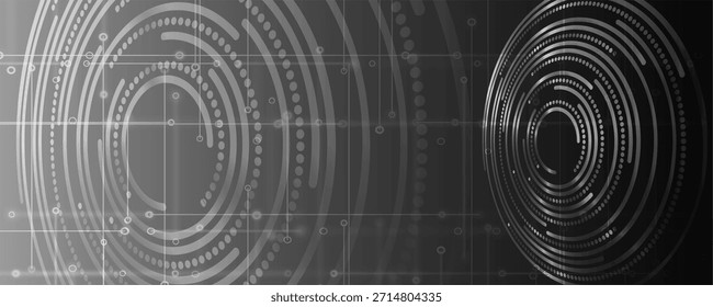 Uma ilustração tecnológica abstrata com círculos digitais concêntricos e uma grade de linhas. Visualização de dados digitais, interface futurista e diagrama de sistema de alta tecnologia.