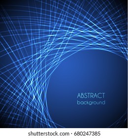 Abstract technological illustration with curvy shiny intersecting lines on blue background