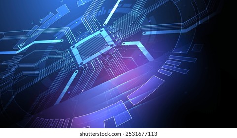 Ilustração tecnológica abstrata com luzes de néon em um fundo de gradiente azul escuro. Este vetor foi desenhado à mão.
