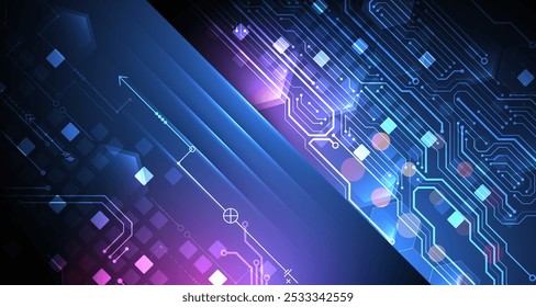 Abstrakte technische Illustration mit Neonlichtern auf dunkelblauem Farbverlauf-Hintergrund. Dieser Vektor wurde handgezeichnet.
