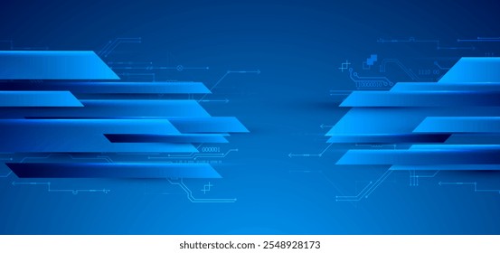 Abstract technological illustration with neon lights on a dark blue gradient background. This vector was hand drawn.