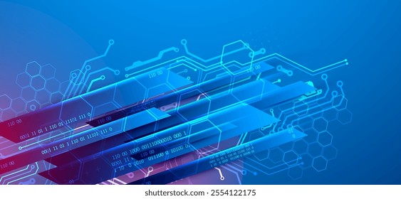 Abstract technological illustration with neon lights on a dark blue gradient background. This vector was hand drawn.