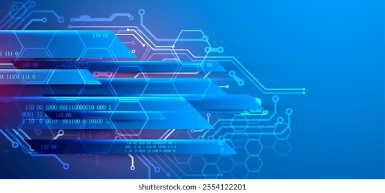Abstract technological illustration with neon lights on a dark blue gradient background. This vector was hand drawn.