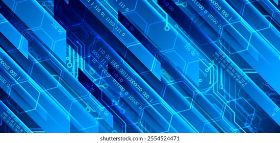 Abstract technological illustration with neon lights on a dark blue gradient background. This vector was hand drawn.