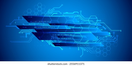 Abstract technological illustration with neon lights on a dark blue gradient background. This vector was hand drawn.