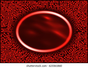 Abstract technological round frame with circuit board elements of red shades