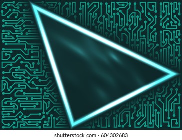 Abstract technological triangular frame with circuit board elements of green and white shades
