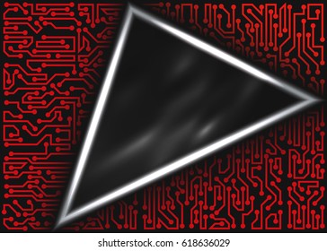 Abstract technological triangular frame with circuit board elements of red, gray and white shades