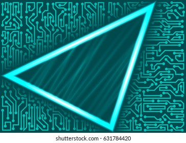 Abstract technological triangular frame with circuit board elements of teal shades