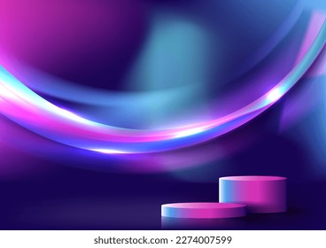 Tecnología abstracta colores de neón 3D realistas base de podio con forma de gradiente colorido líquido o líquido color vibrante color de fondo borroso. Pantalla de producto para innovación tecnológica, sala de juegos de estudio, sala de exposición