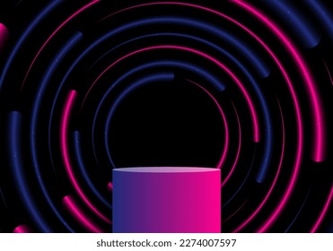 Tecnología abstracta base de podio 3D realista con luz de neón brillante azul y rosado efecto de círculos de radius patrón sobre tecnología de fondo negro concepto futurista. Pantalla de producto para tecnología