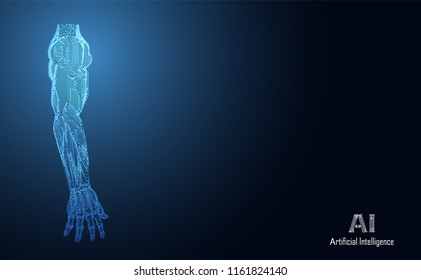 Abstract technology AI arm digital artificial intelligence concept Machine in Human health medical science on hi tech future blue background. for template, web design or presentation.